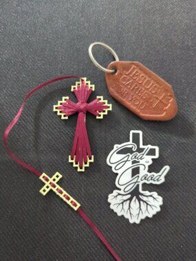 Handmade Plastic Canvas & Woven Ribbon Cross Bookmark + Keychain + Sticker